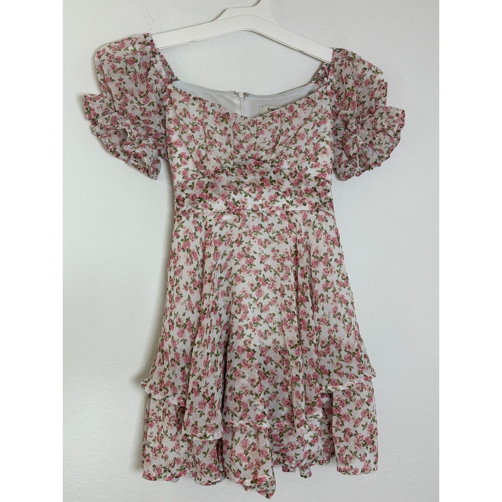 Francescas Floral Ruffle Puff Sleeve Romper Dress Pink White XS Cottagecore